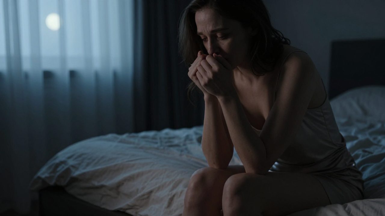 Mujer sentada en el borde de una cama con las manos temblorosas bajo luz tenue.