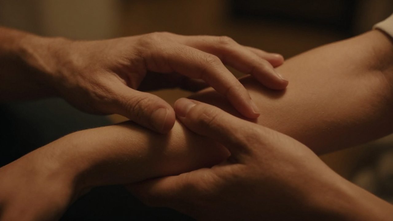 Primer plano de las manos de una pareja acariciándose suavemente bajo una luz cálida.