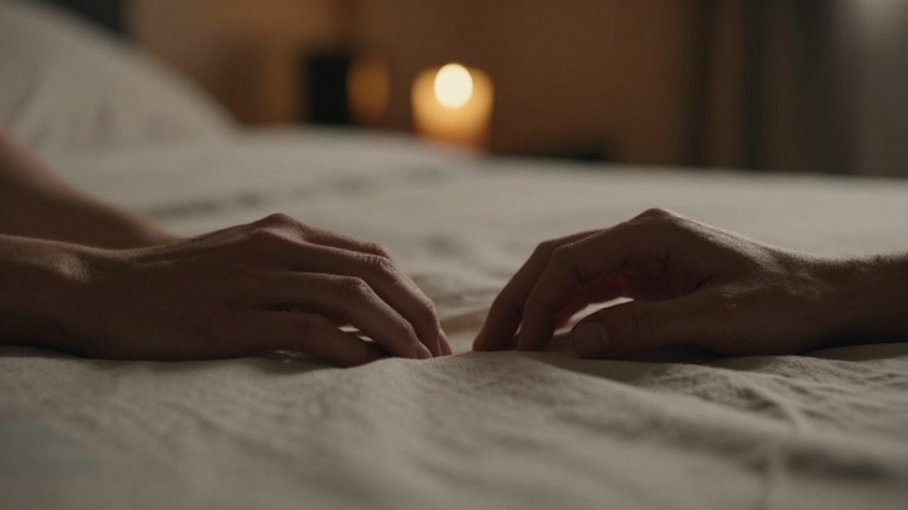 Manos de una pareja que se acercan con duda sobre una cama de lino.