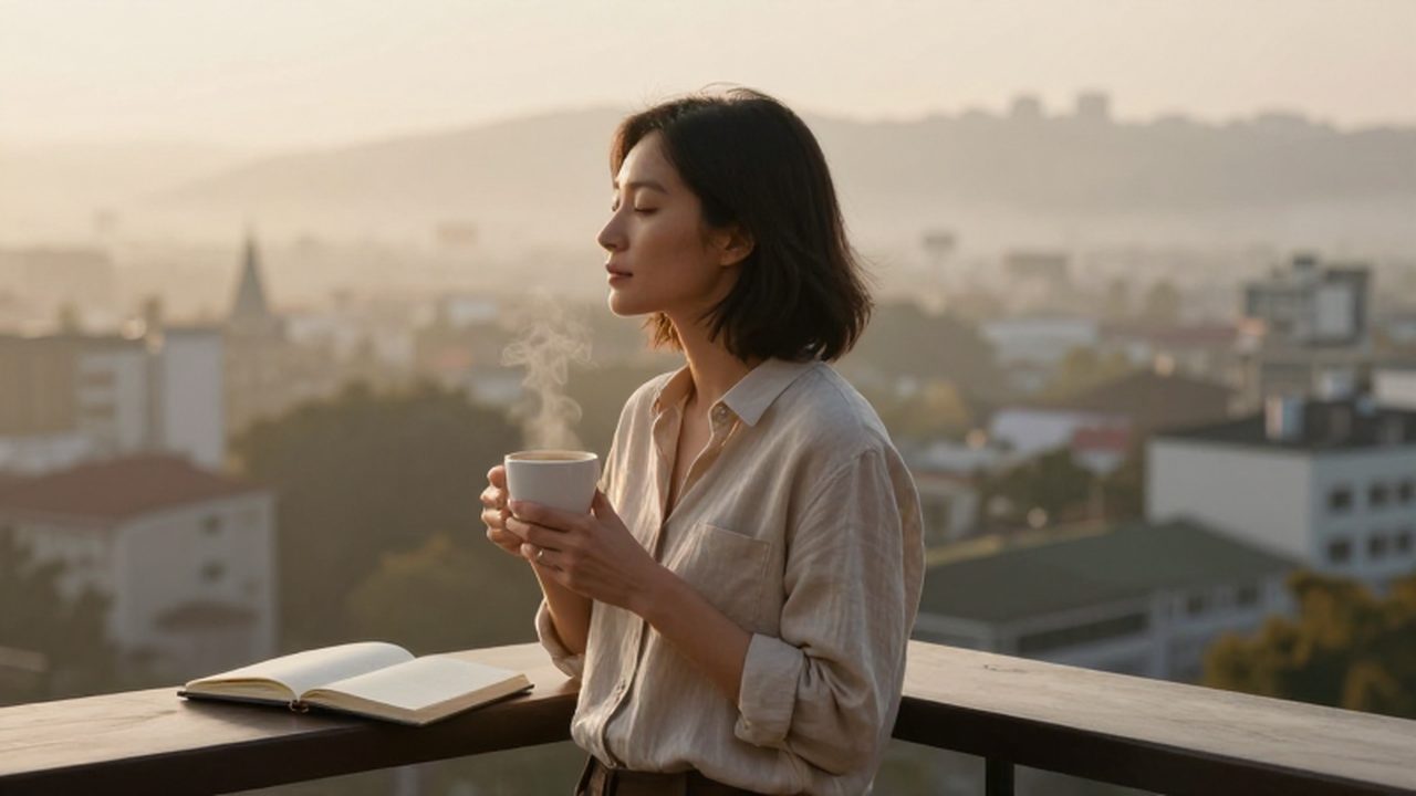 Mujer contemplando el paisaje urbano al amanecer con una taza de café y un diario.
