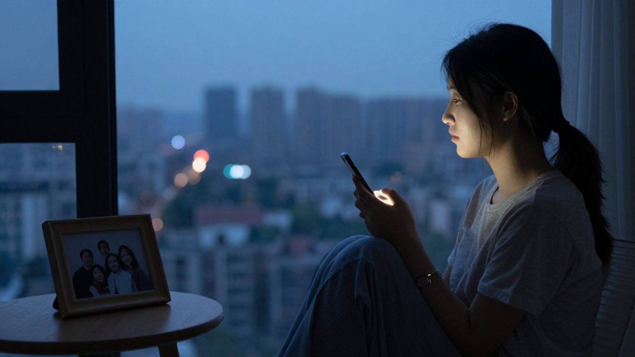 Mujer joven sentada junto a una ventana al atardecer, abrazando un teléfono iluminado con nostalgia.