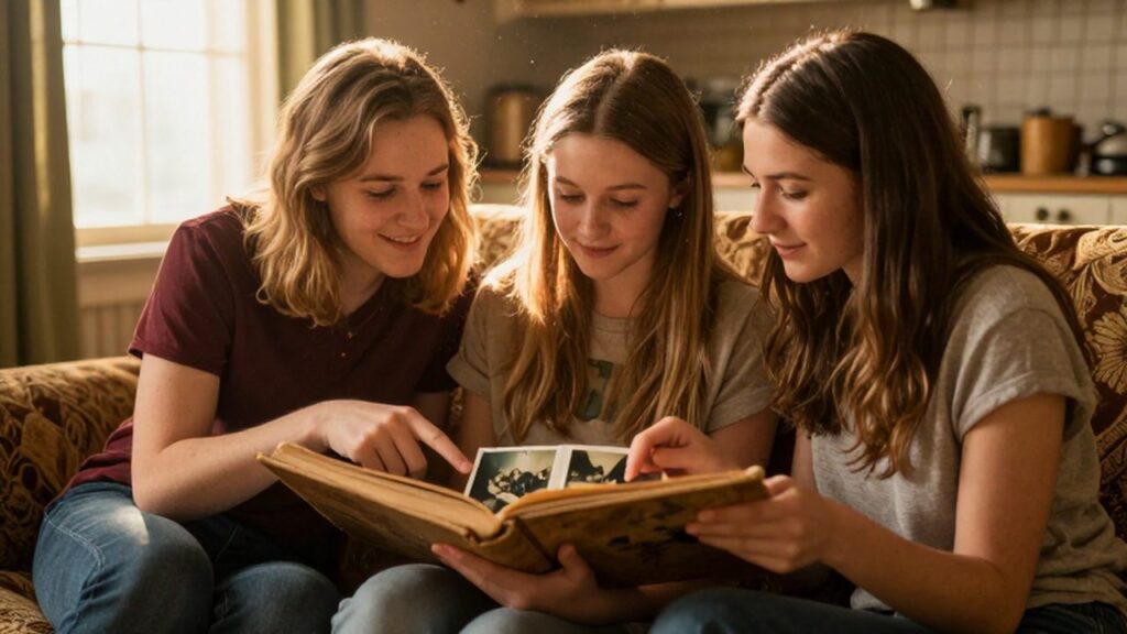 Tres primos jóvenes ríen mientras comparten recuerdos mirando un álbum de fotos antiguo.