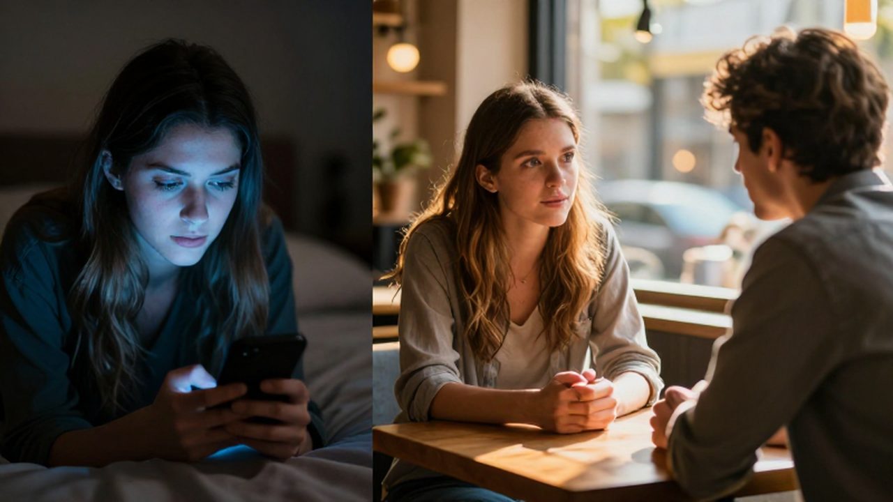 Composición dividida que muestra a una mujer usando su móvil a solas y luego conversando con su pareja en una cafetería.