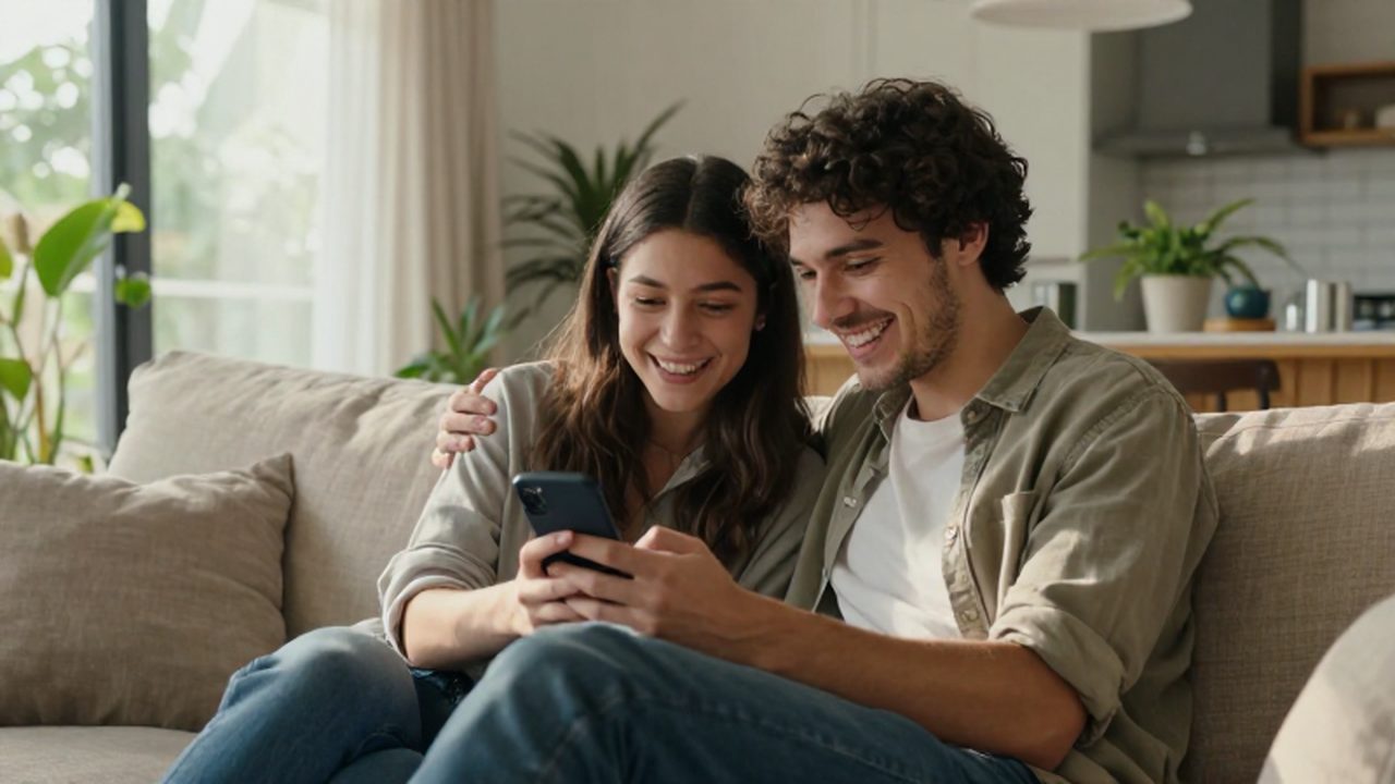 Dos jóvenes ríen juntos mientras comparten la pantalla de un móvil sentados en un sofá luminoso.