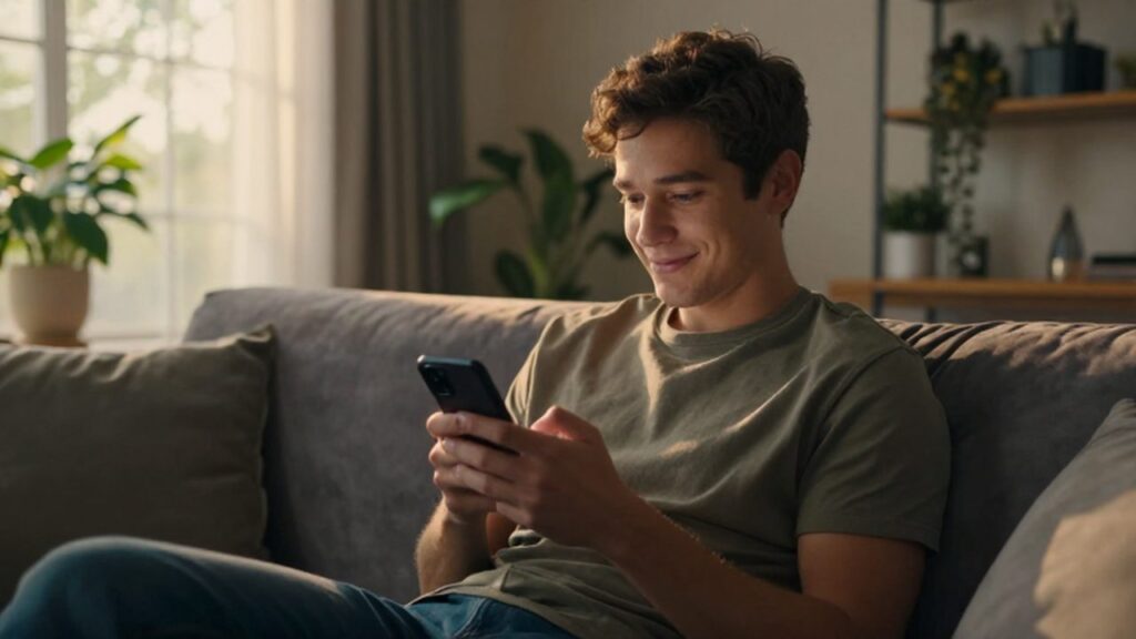 Joven sentado en un sofá de terciopelo mirando su teléfono con una sonrisa tranquila.