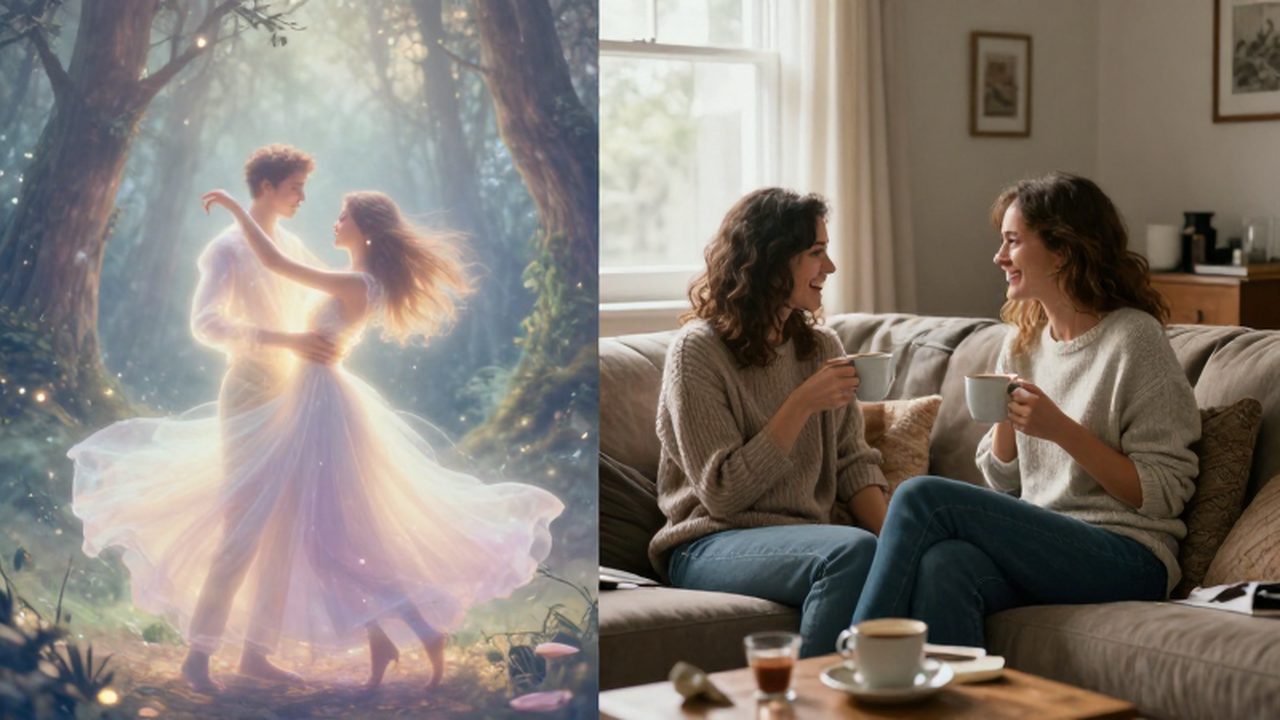 Comparación entre una pareja bailando en un bosque fantástico y otra riendo en un salón.
