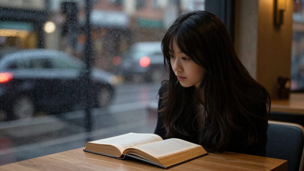 Mujer joven con expresión melancólica mirando tras un ventanal lluvioso junto a un libro antiguo.