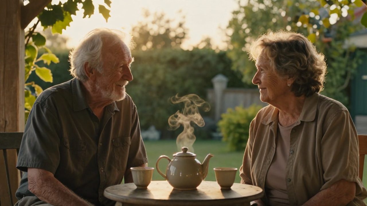Abuelos sentados en un porche de madera compartiendo té durante el atardecer en un jardín.