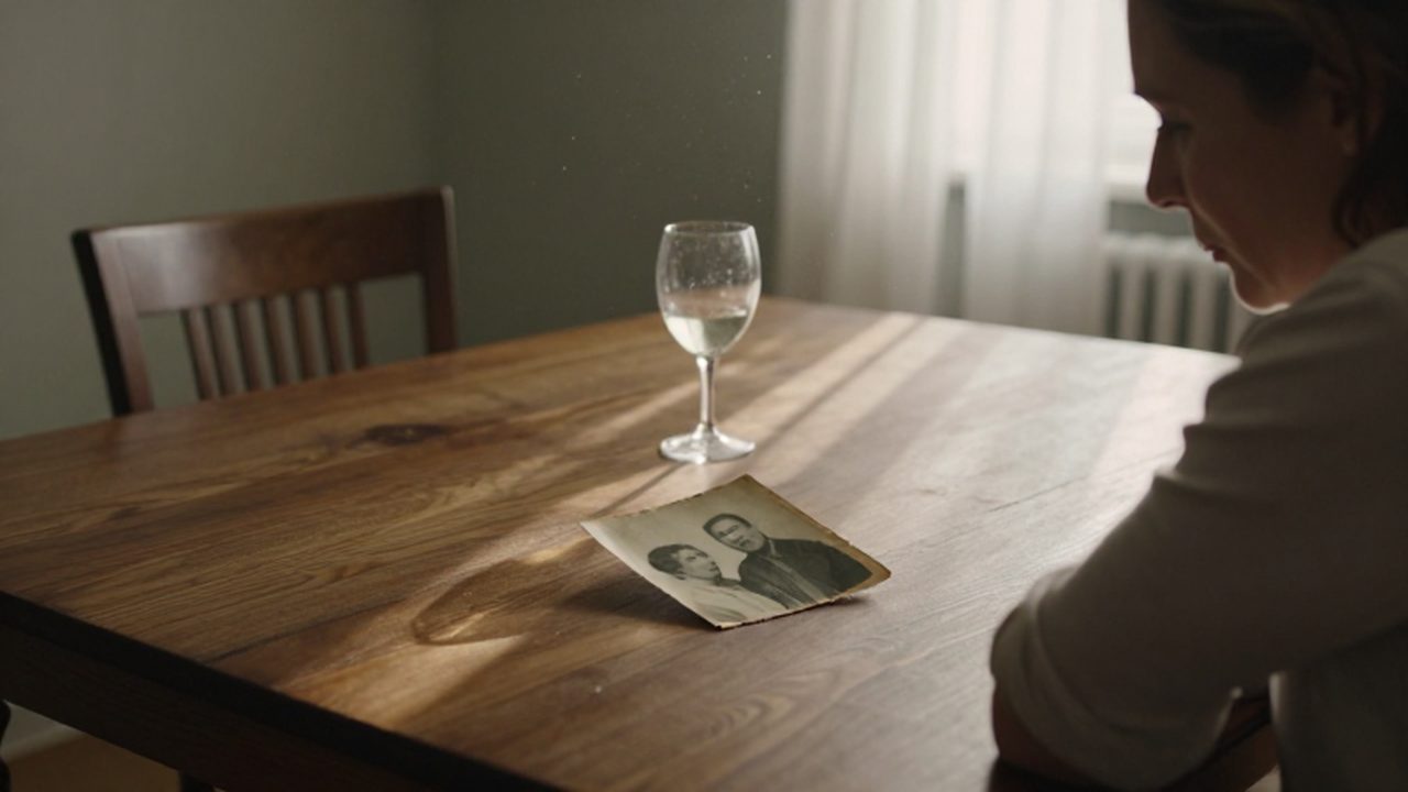 Mujer melancólica sentada ante una mesa de madera con una fotografía antigua y una copa de vino.