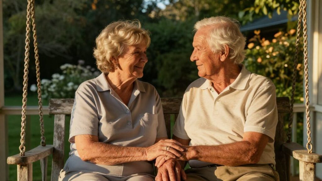 Pareja de ancianos tomados de la mano y sonrientes en un columpio de madera al atardecer.