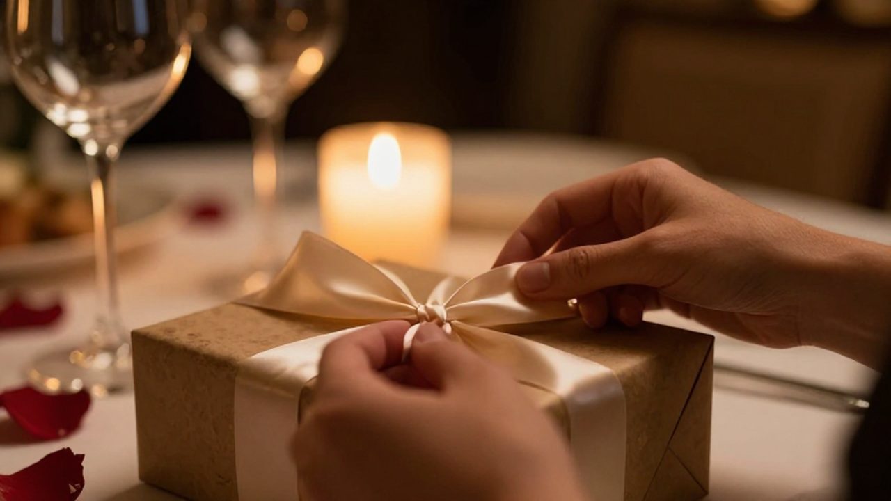 Manos desatando un lazo de seda sobre un regalo premium en una cena romántica.