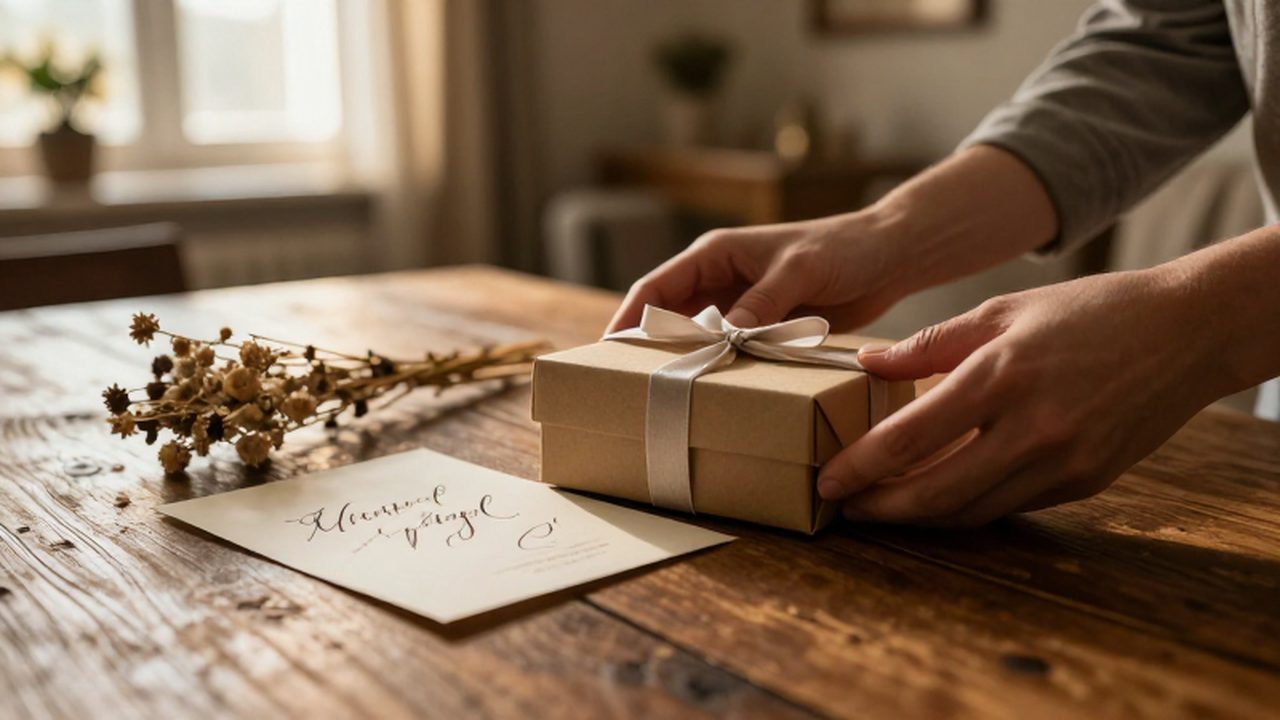 Manos preparando una caja de regalo junto a una carta manuscrita y flores secas.
