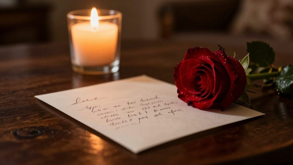 Carta manuscrita sobre una mesa de madera junto a una rosa roja y una vela encendida.