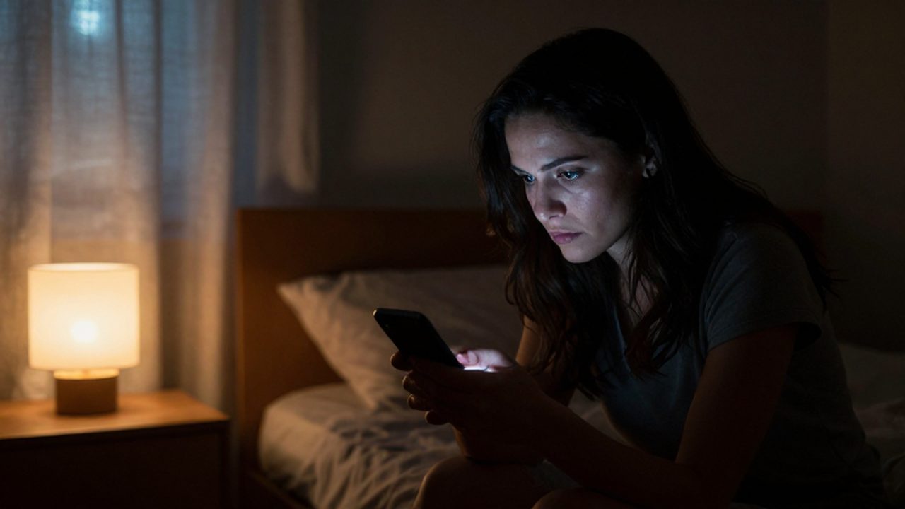 Mujer pensativa sentada en la cama mirando con intensidad la pantalla de su móvil en una habitación oscura.