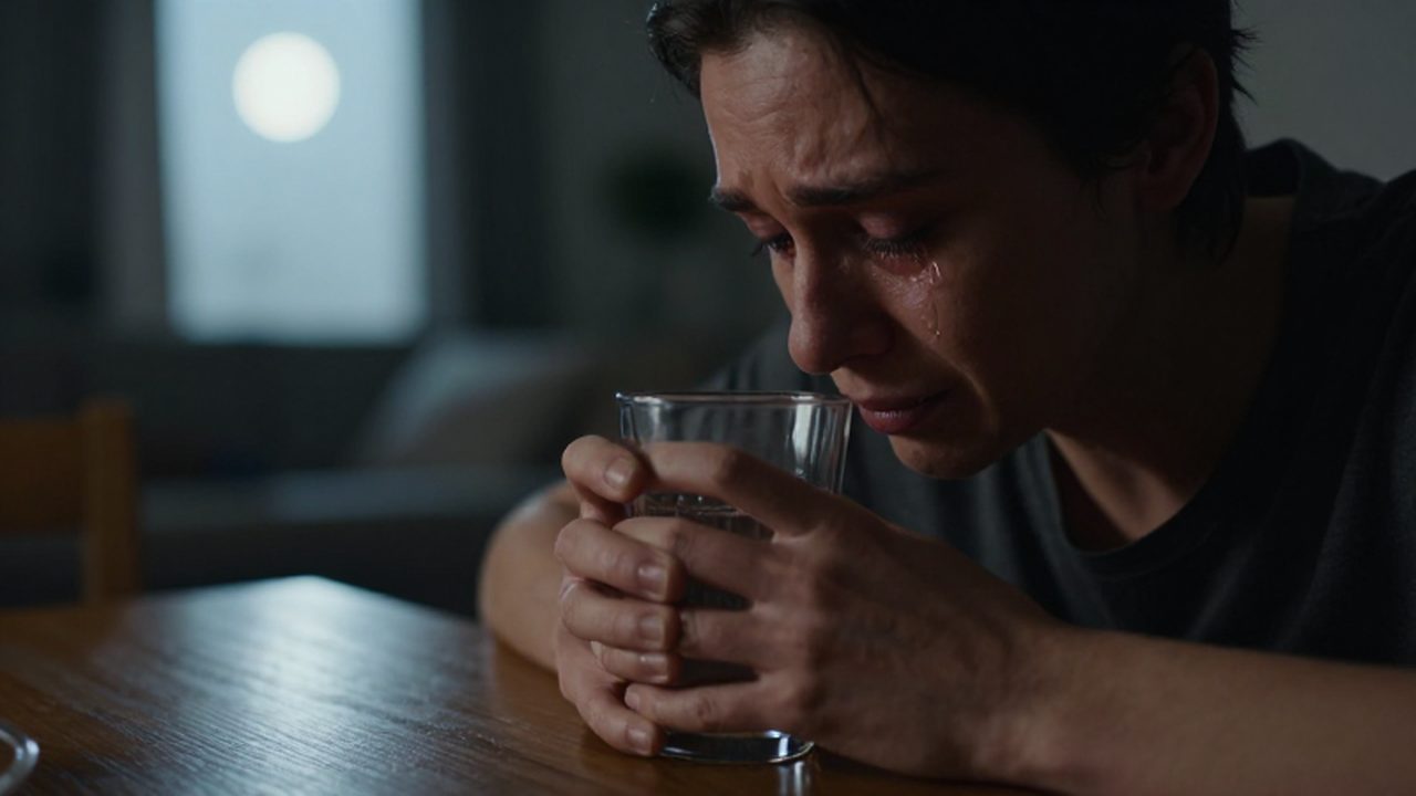 Persona con los ojos llorosos y manos temblorosas frente a un vaso de agua.