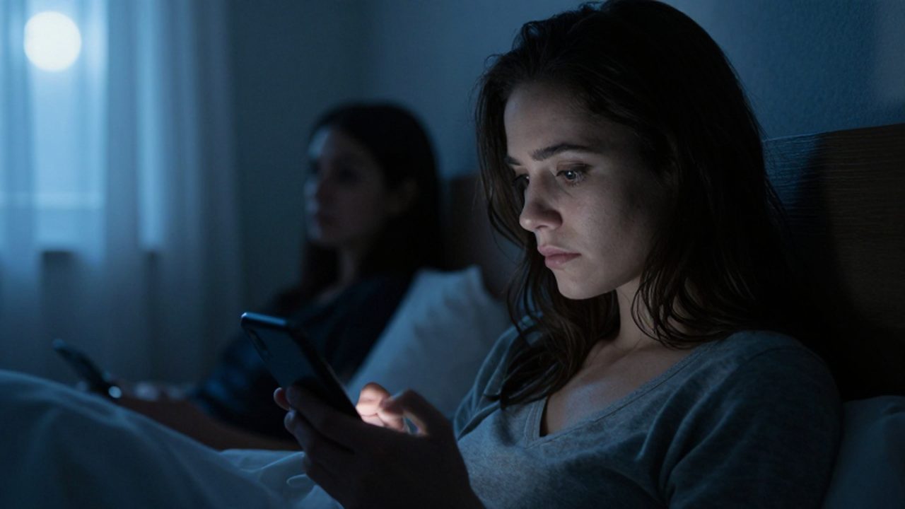 Mujer con expresión melancólica mira la pantalla de su móvil en una habitación en penumbra.