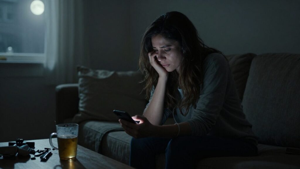 Mujer solitaria sentada en un sofá a oscuras con la luz de un teléfono móvil.