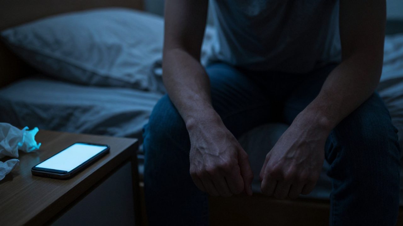 Persona sentada en una cama deshecha con los puños apretados bajo la luz azul de un móvil.