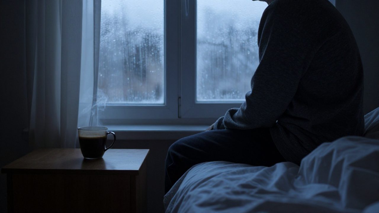 Persona sentada en la cama mirando por la ventana hacia el amanecer con una taza de café.