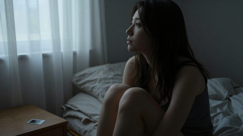 Mujer sentada en el borde de una cama deshecha mirando con melancolía hacia una ventana.