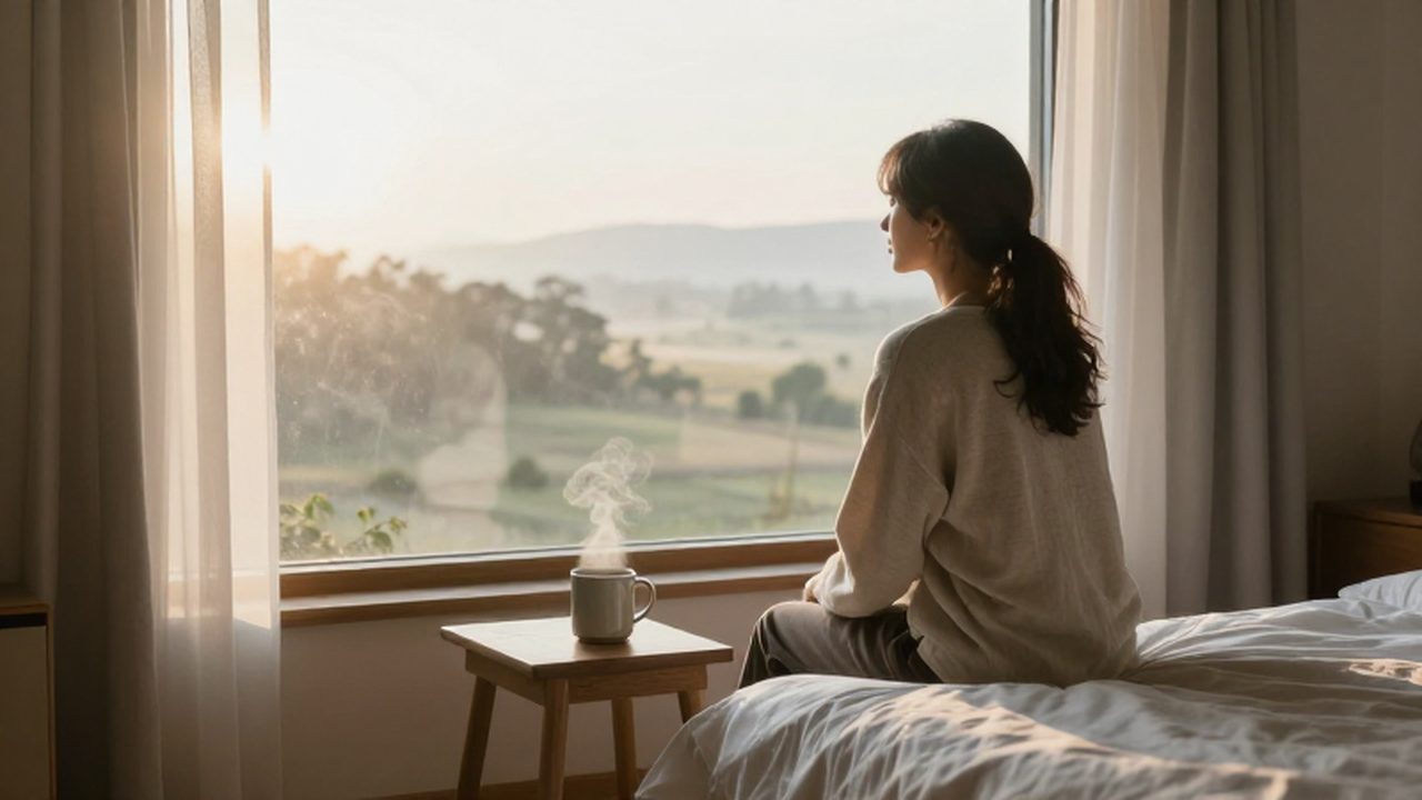 Mujer sentada en el borde de una cama mirando por la ventana junto a una taza de café.