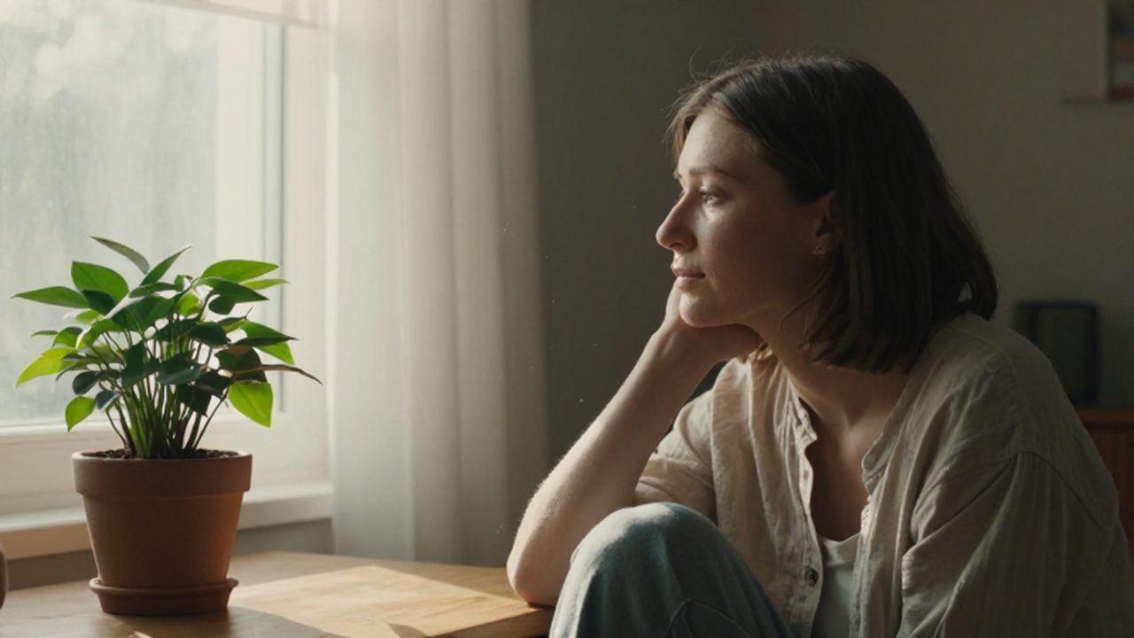 Mujer sentada junto a una ventana iluminada contemplando una planta en un apartamento tranquilo.