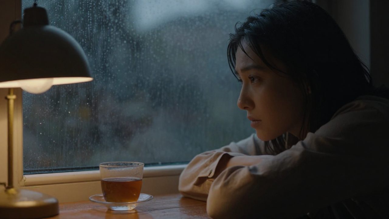 Mujer melancólica sentada junto a una ventana con gotas de lluvia mientras toma té al atardecer.