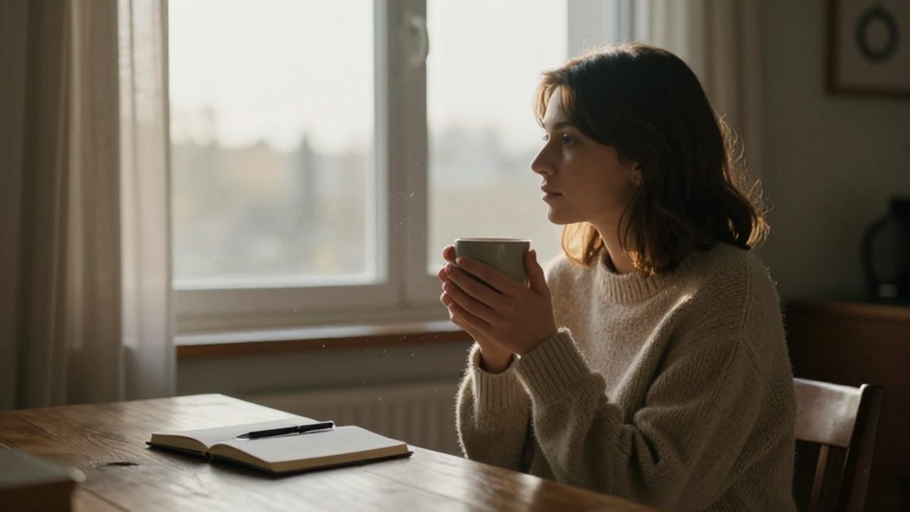 Mujer pensativa sentada junto a una ventana iluminada sosteniendo una taza de café.