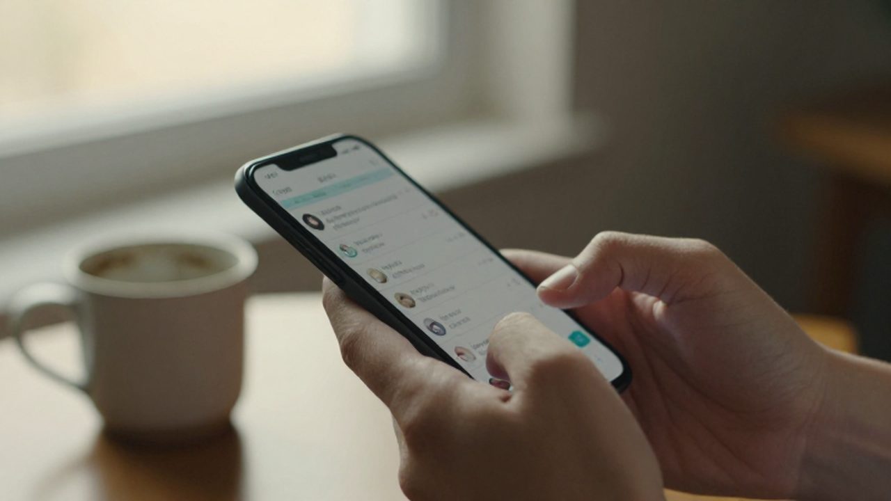 Manos sosteniendo un teléfono móvil frente a una aplicación de mensajes en una habitación iluminada.