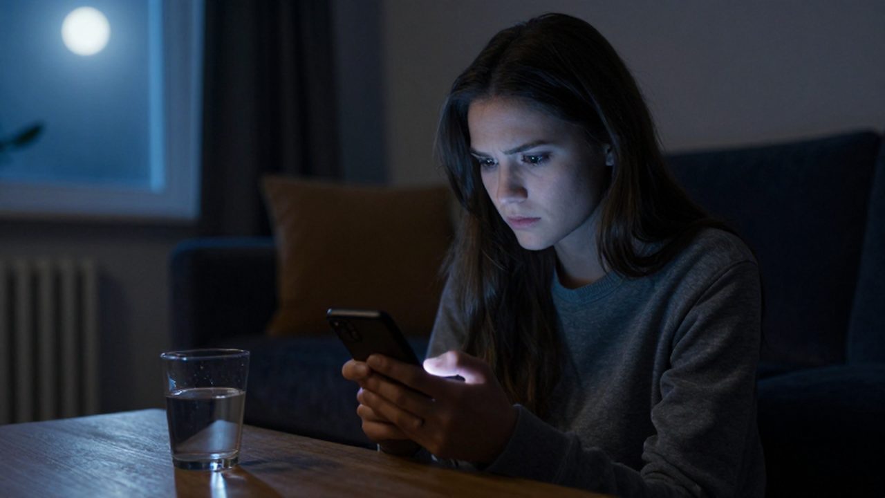 Mujer sentada en un sofá con expresión dubitativa mientras mira la pantalla iluminada de su móvil.