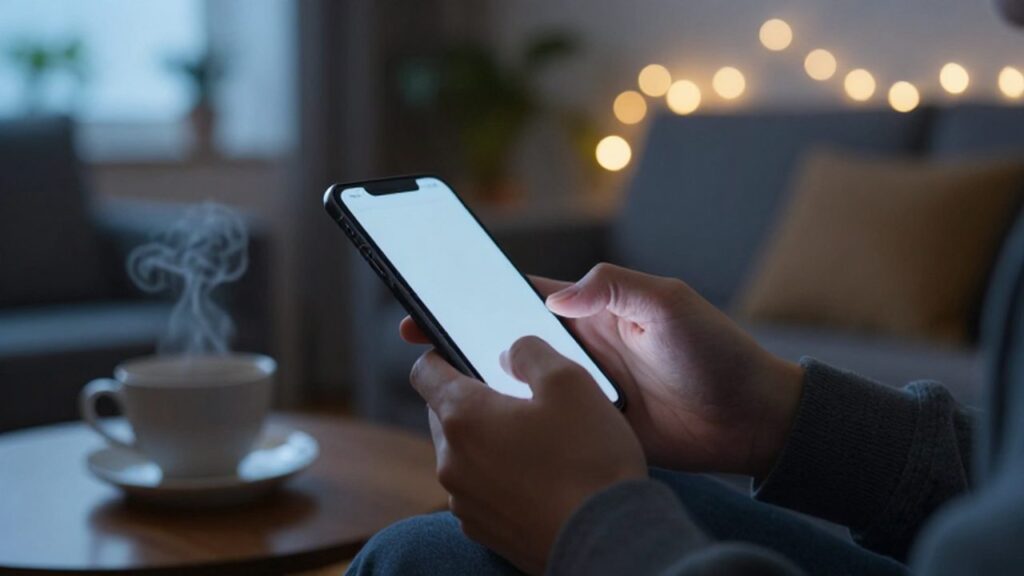 Manos nerviosas sosteniendo un smartphone frente a un mensaje sin enviar en una sala acogedora.