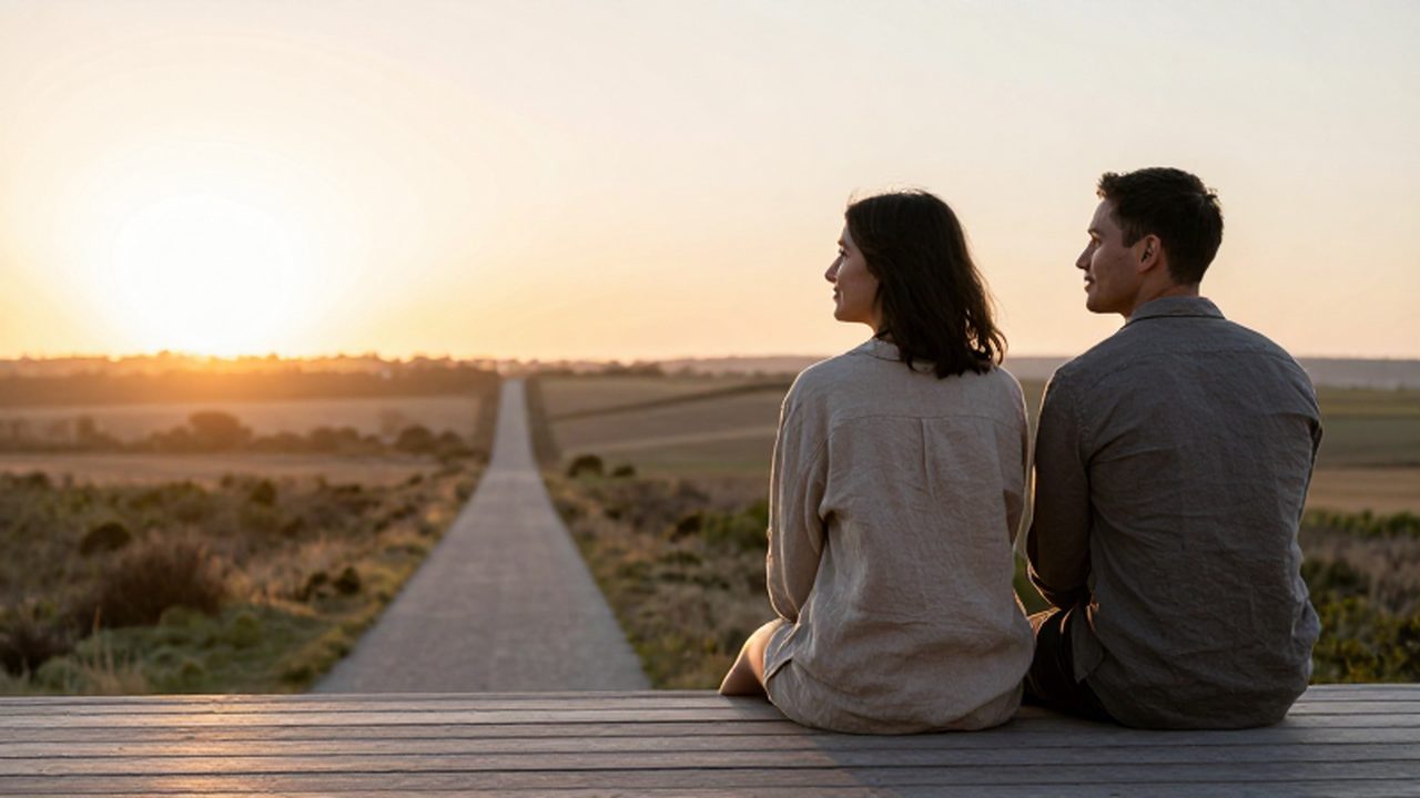 Pareja sentada en un balcón de madera contemplando un amanecer sobre un paisaje extenso.