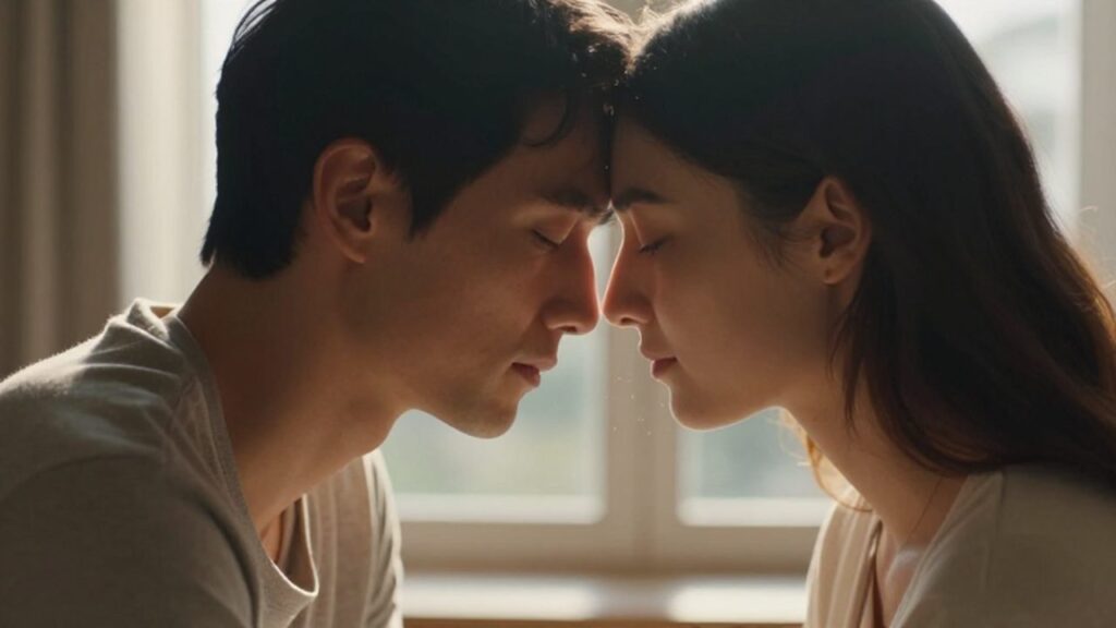 Pareja con los ojos cerrados y las frentes juntas en un momento de paz bajo la luz solar.