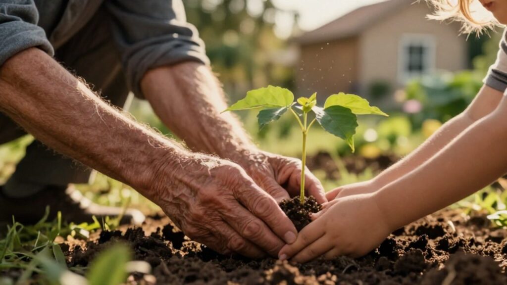 Manos de un anciano y un niño plantando juntos un pequeño árbol en un jardín.