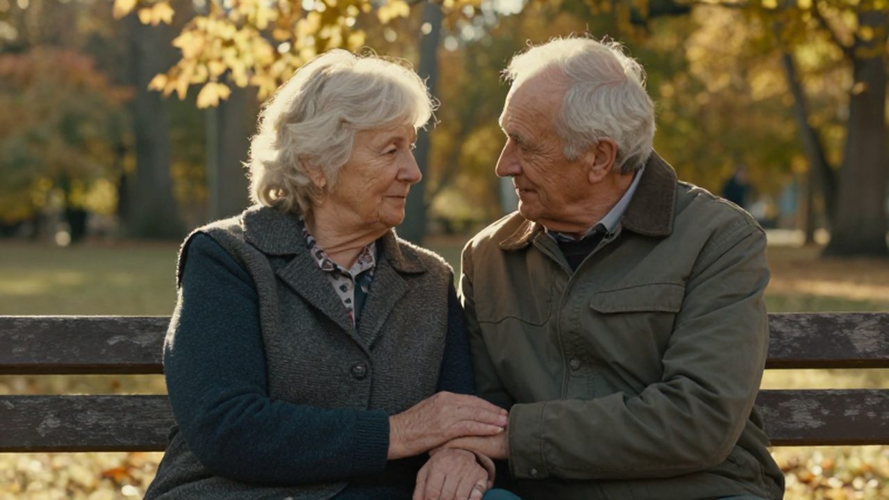 Pareja de ancianos sentados en un banco de madera tomados de la mano bajo la luz otoñal.