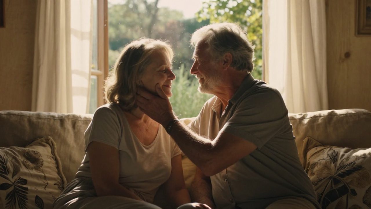 Pareja de adultos mayores compartiendo un momento afectuoso en un salón iluminado por el sol.