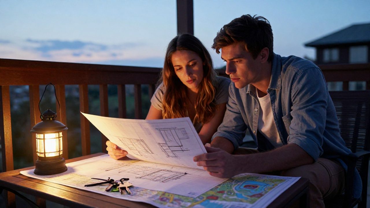 Pareja sentada en un balcón al atardecer revisando planos y mapas sobre una mesa.