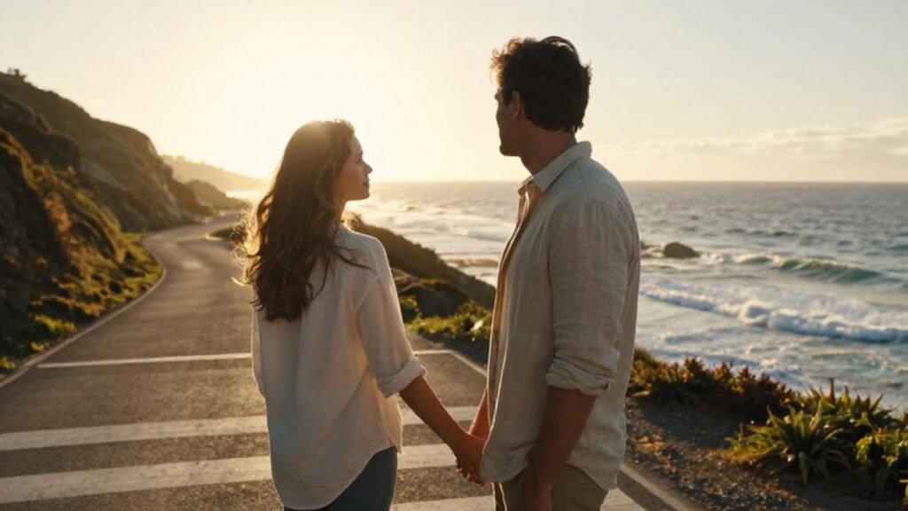 Pareja tomada de la mano frente a un camino costero durante el atardecer.