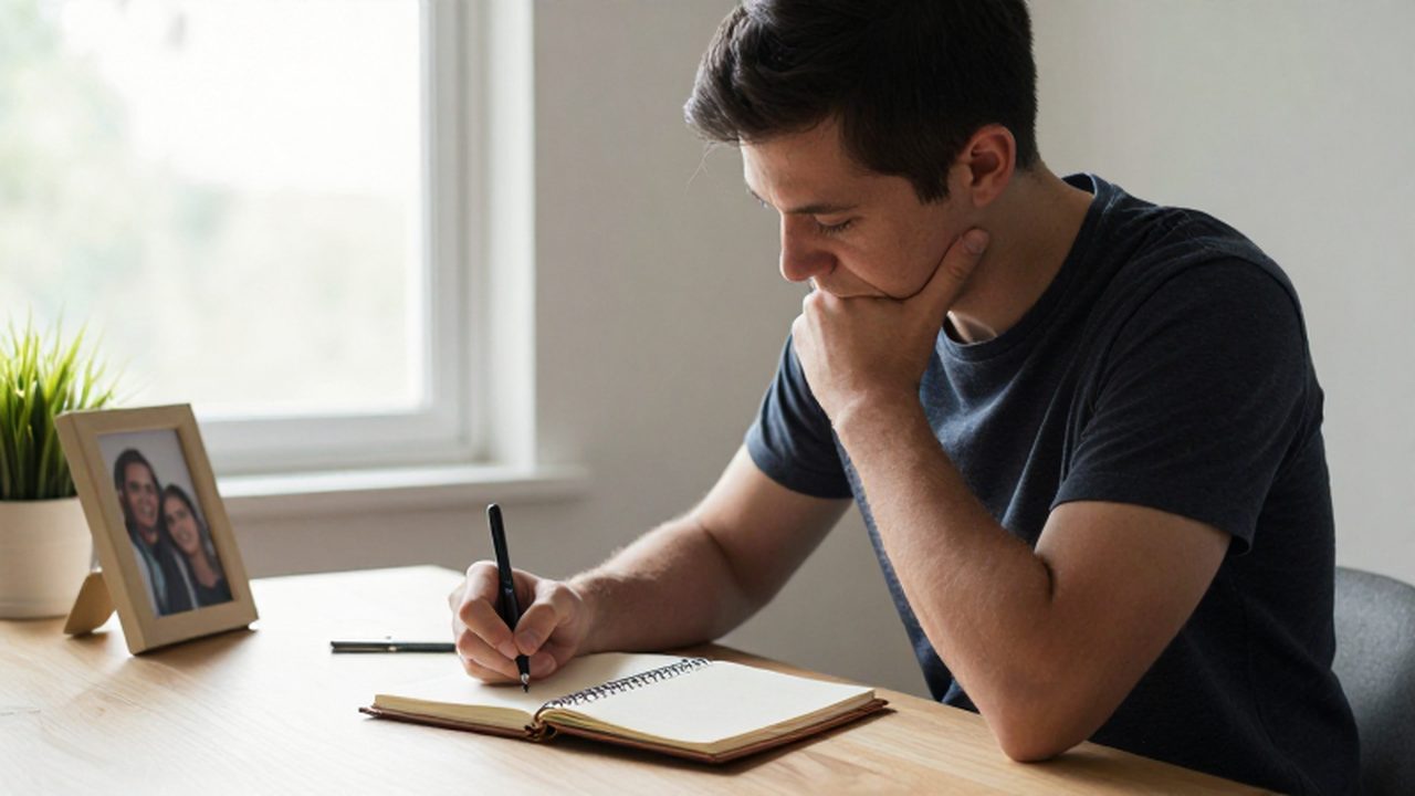 Hombre pensativo escribiendo en un cuaderno sobre un escritorio de madera iluminado por el sol.