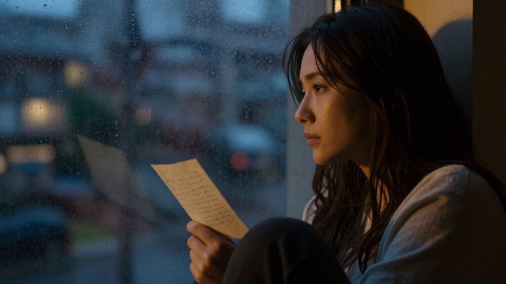Mujer melancólica sentada junto a una ventana con lluvia mientras sostiene una carta manuscrita.