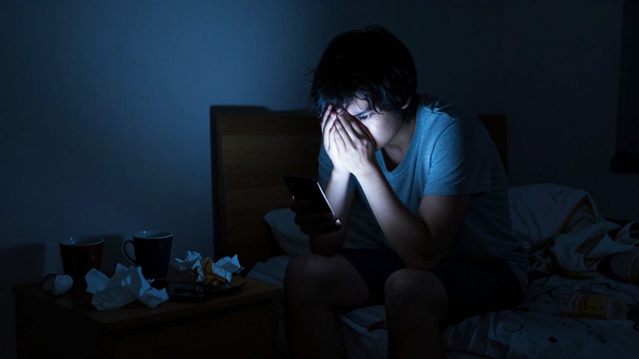 Persona solitaria en una habitación oscura mirando intensamente la luz de su teléfono móvil.