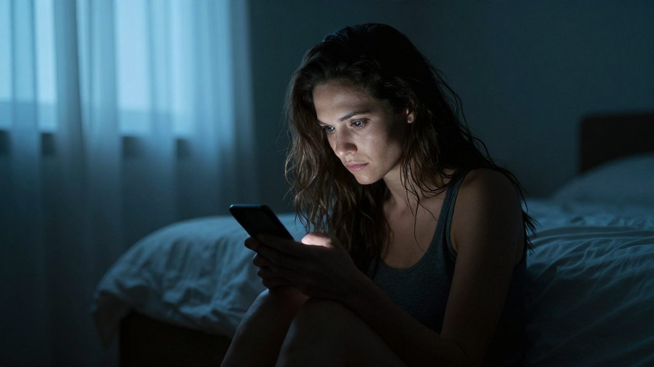 Mujer con aspecto cansado sentada en la cama mirando fijamente la luz de su móvil.