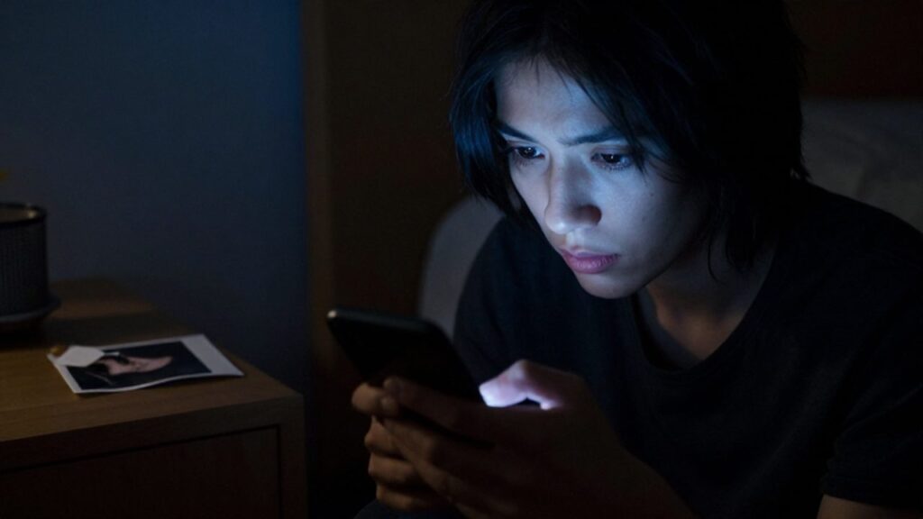 Persona solitaria con expresión melancólica mirando fijamente la pantalla de un móvil en una habitación oscura.