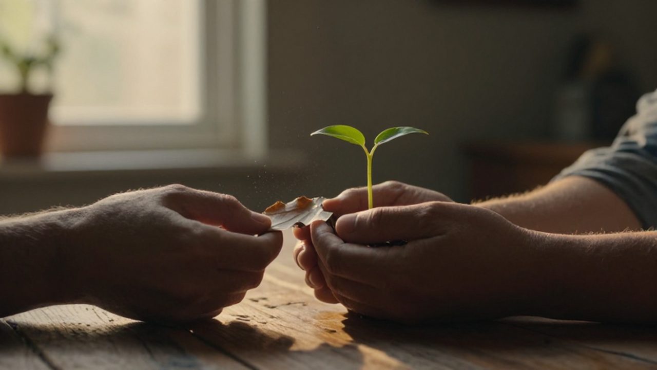 Manos entrelazadas sobre madera que pasan de una hoja seca a un pequeño brote verde.