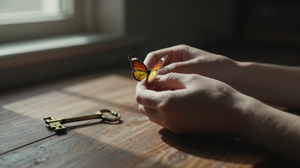 Manos sujetando suavemente una mariposa brillante junto a una llave antigua sobre madera.