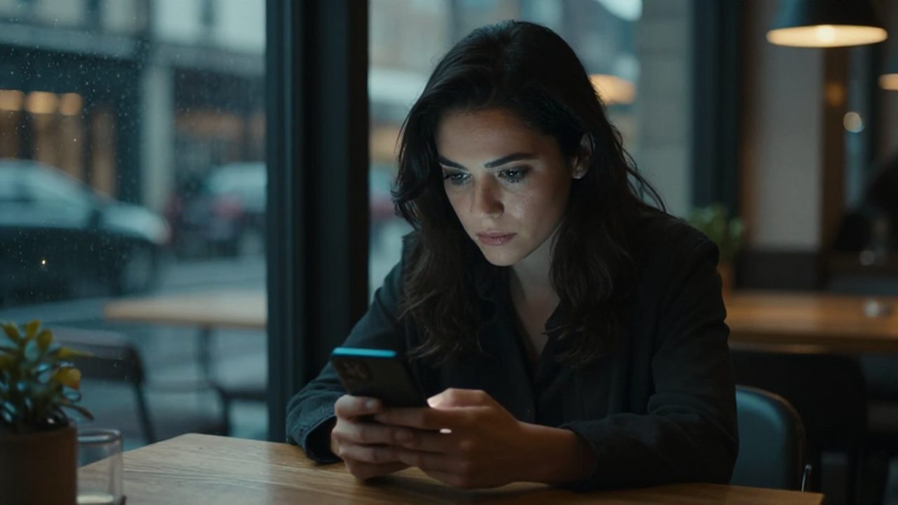 Mujer sentada sola en un café mirando su teléfono frente a una ventana lluviosa.