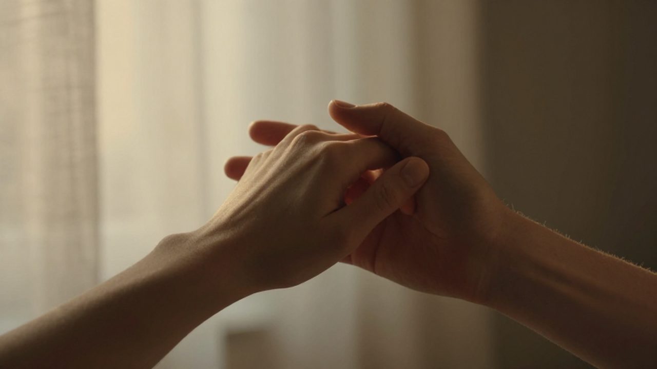 Manos de dos personas entrelazadas con delicadeza bajo una luz cálida y suave.