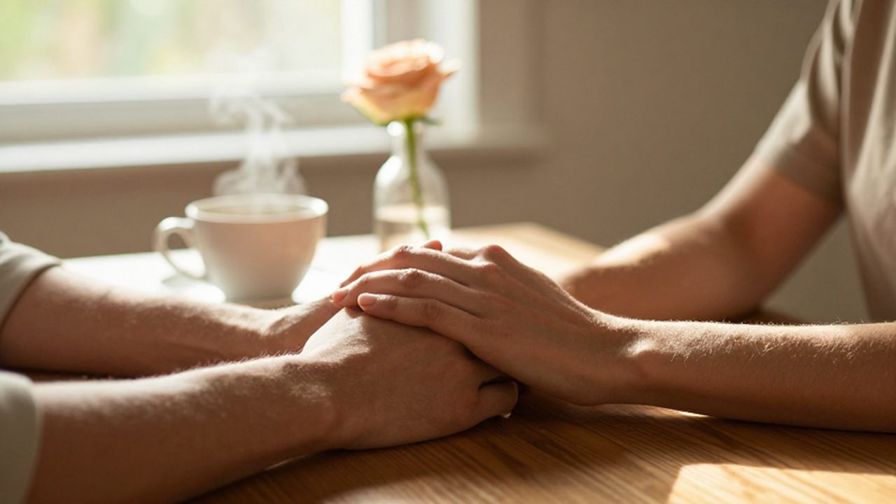 Manos entrelazadas de una pareja sobre una mesa de madera junto a un café y una rosa.