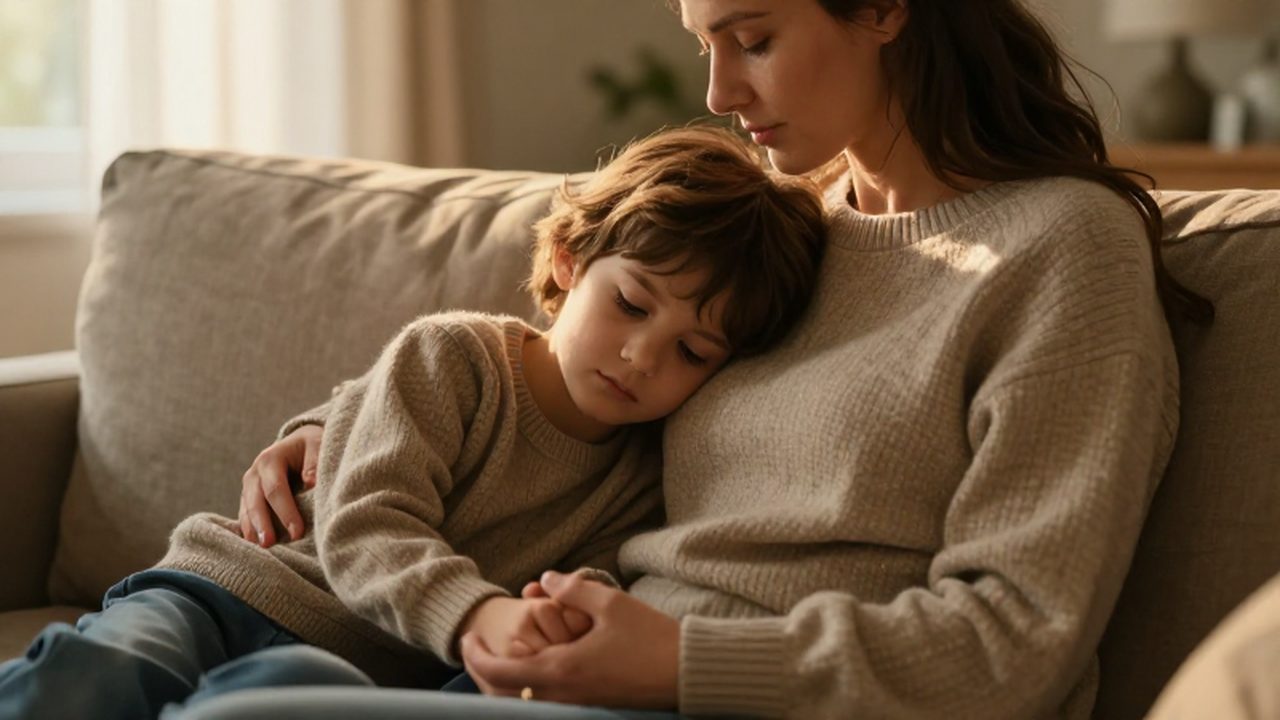 Una madre y su hijo adoptado descansan abrazados en un sofá bajo la luz del atardecer.
