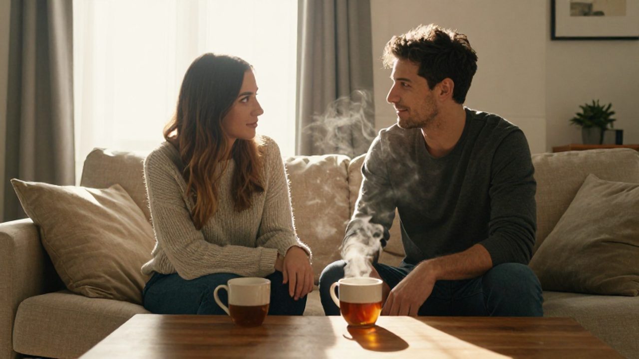 Pareja sentada en un sofá conversando con tazas de té en una sala iluminada por el sol.